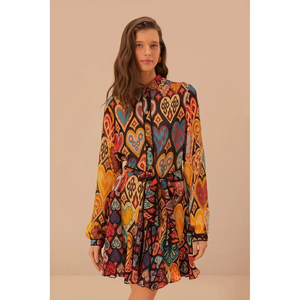 FARM Rio Heart Print Long Sleeve Belted Mini Dress XS